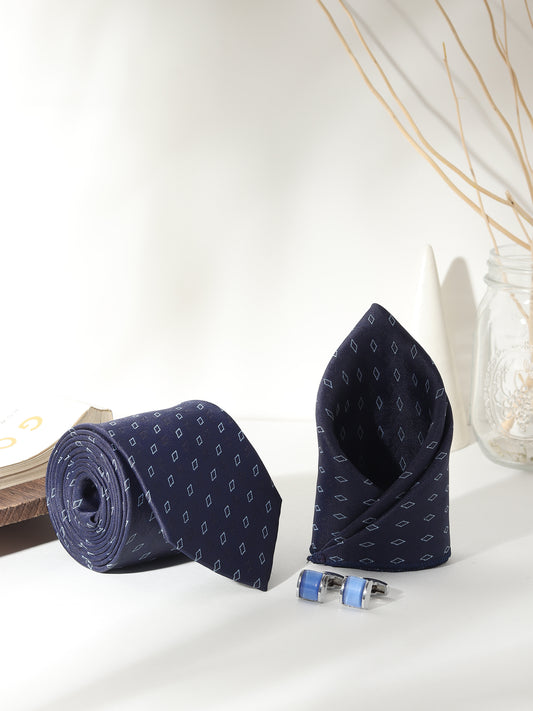Kanthlangot Men’s 3-Piece Formal Set – Navy Micro-Diamond Tie, Pocket Square & Sky Blue Barrel Cufflinks (3-Inch Necktie)