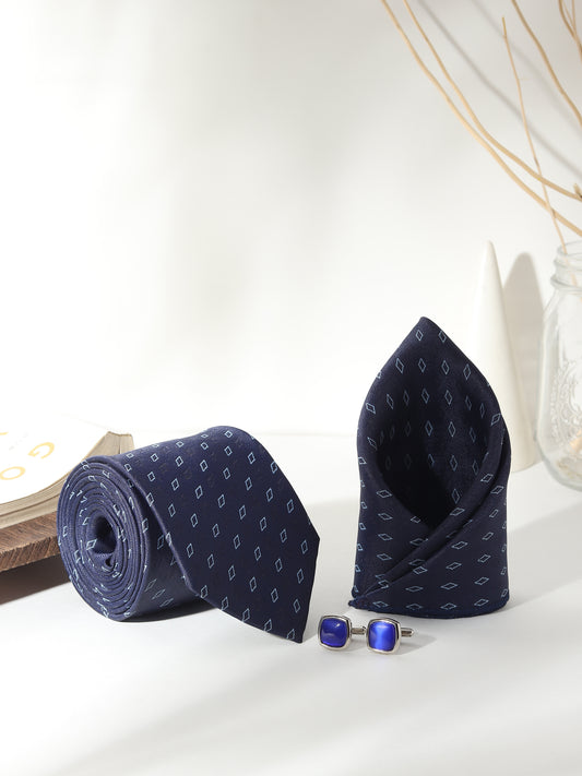 Kanthlangot Men’s 3-Piece Navy Diamond Tie Set with Pocket Square & Cobalt Blue Cufflinks (3-Inch Necktie)