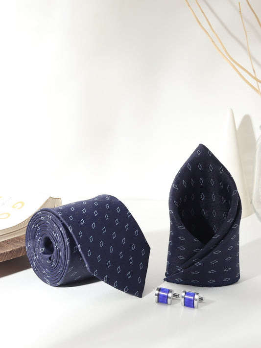 Kanthlangot Men’s 3-Piece Navy Micro-Diamond Tie Set with Pocket Square & Royal Blue Cufflinks (3-Inch Necktie)