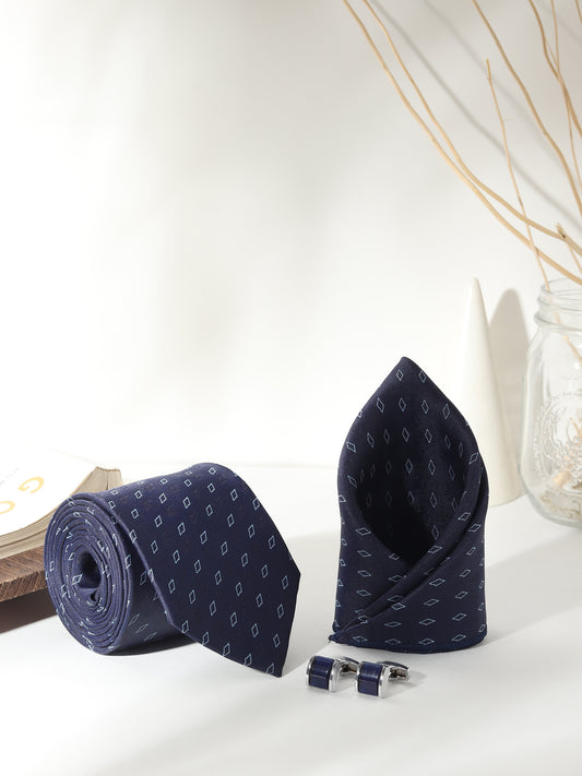 Kanthlangot Men’s 3-Piece Formal Set – Navy Diamond Tie, Pocket Square & Navy Barrel Cufflinks (3-Inch Necktie)