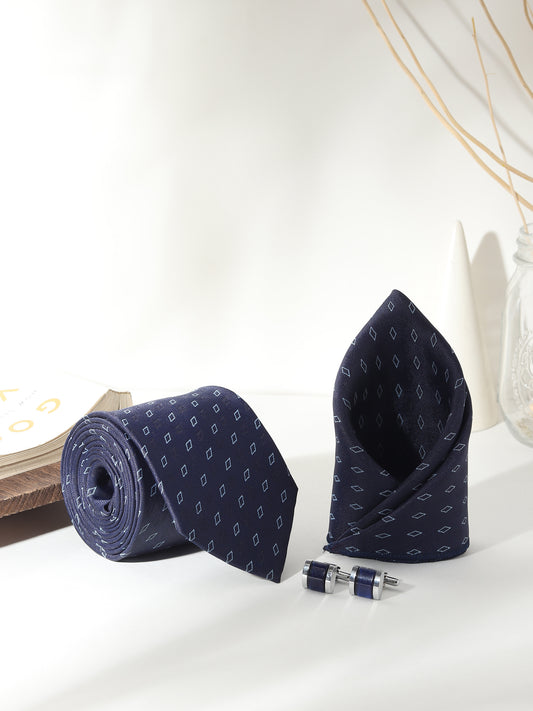Kanthlangot Men’s 3-Piece Formal Set – Navy Micro-Diamond Tie, Pocket Square & Midnight Blue Barrel Cufflinks (3-Inch Necktie)