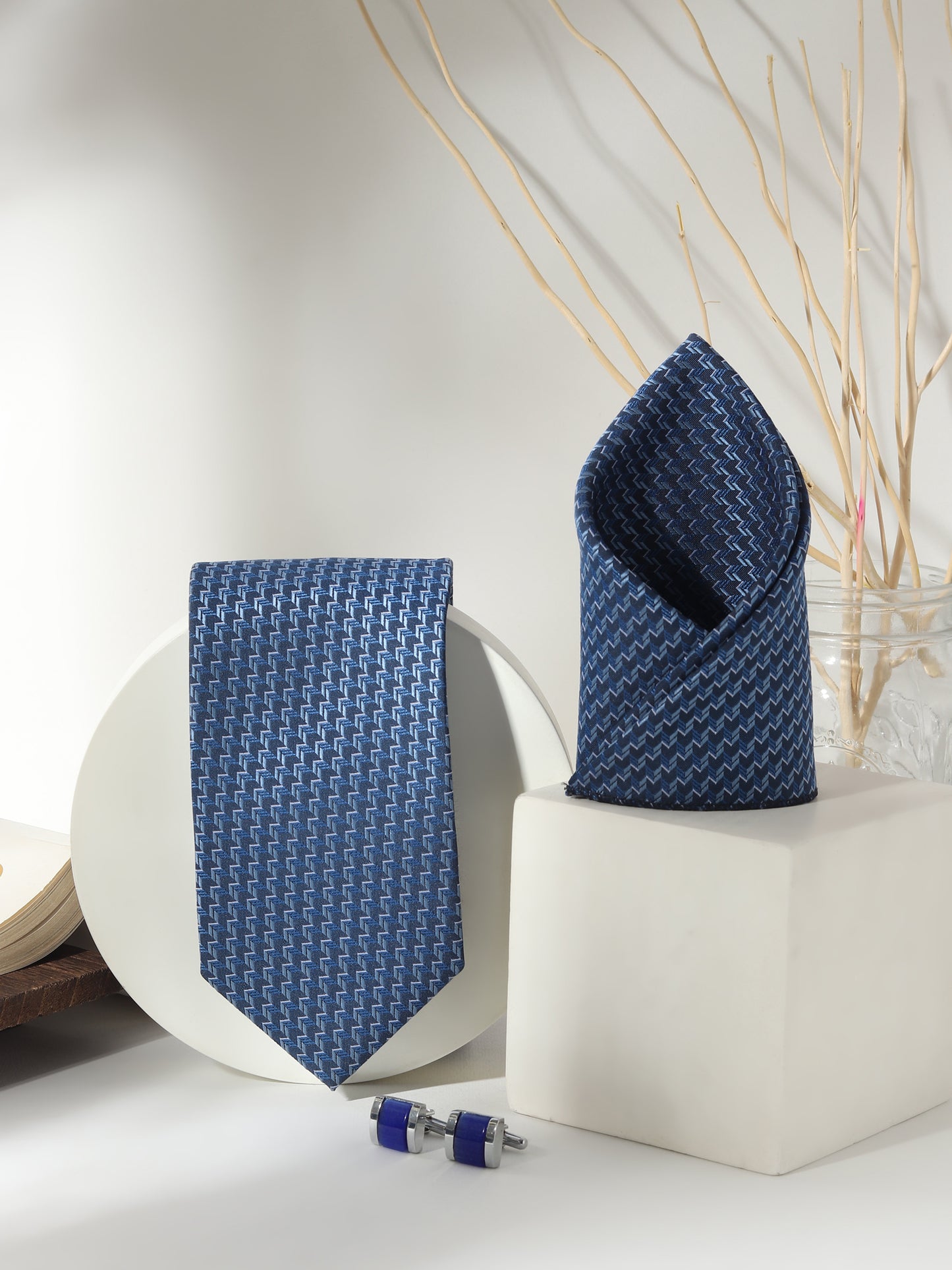 Kanthlangot Men’s 3-Piece Navy Zigzag Tie Set with Pocket Square & Royal Blue Cufflinks (3-Inch Necktie)