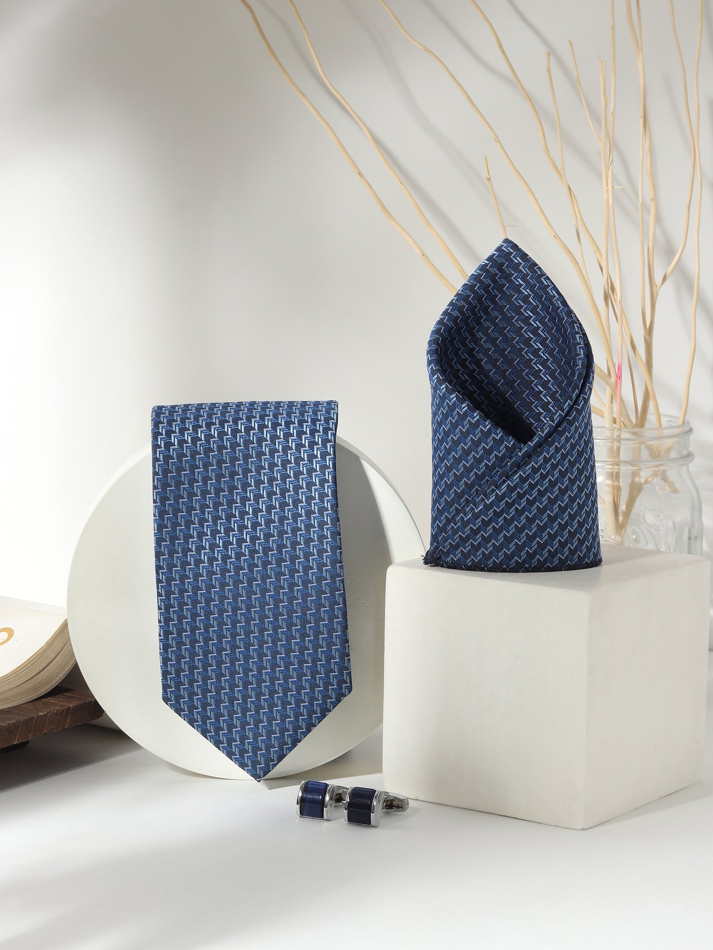 Kanthlangot Men’s 3-Piece Royal Blue Zigzag Tie Set with Pocket Square & Glossy Navy Barrel Cufflinks (3-Inch Necktie)