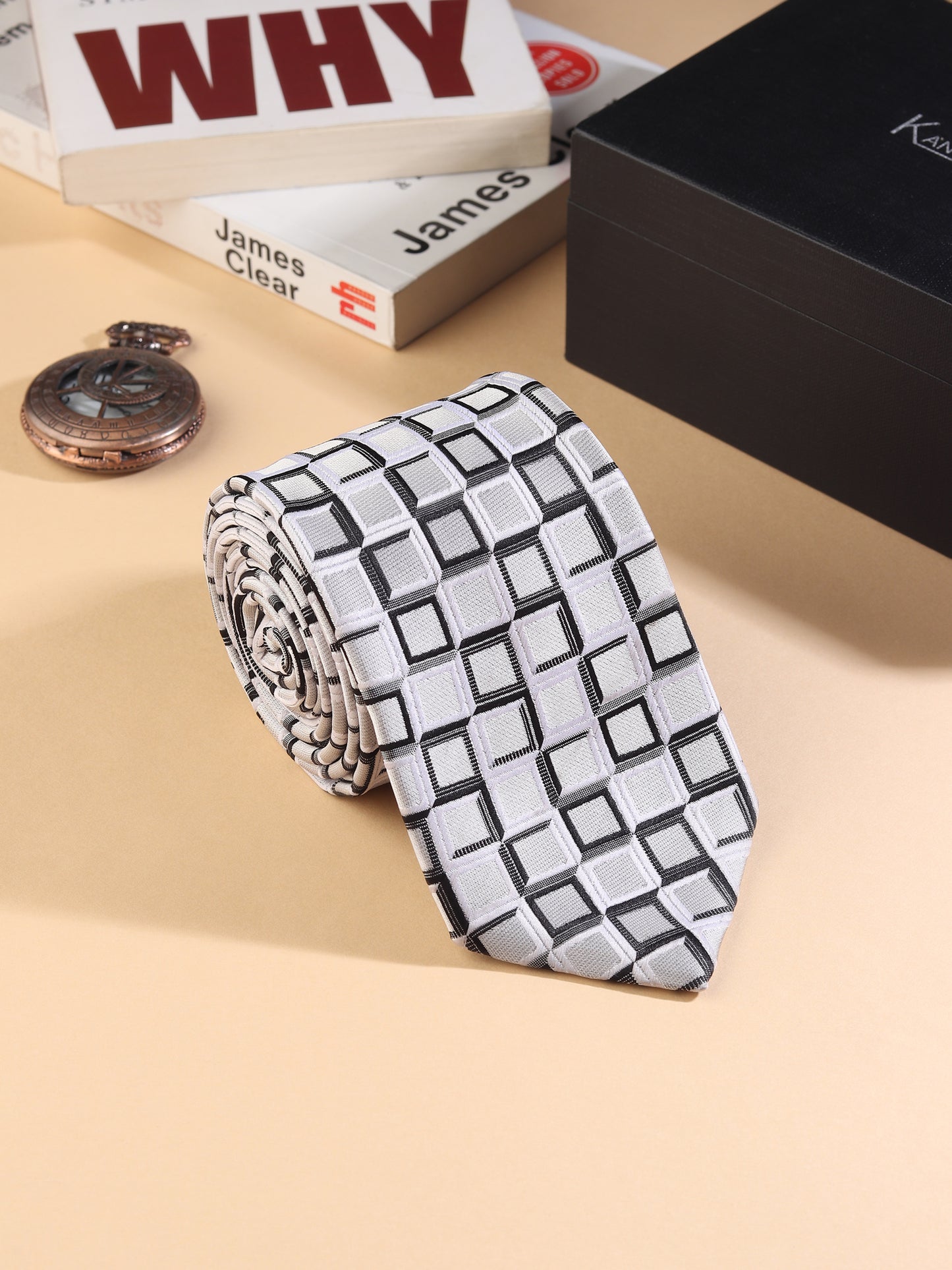 Kanthlangot Men’s Necktie – White & Black Geometric Pattern Tie