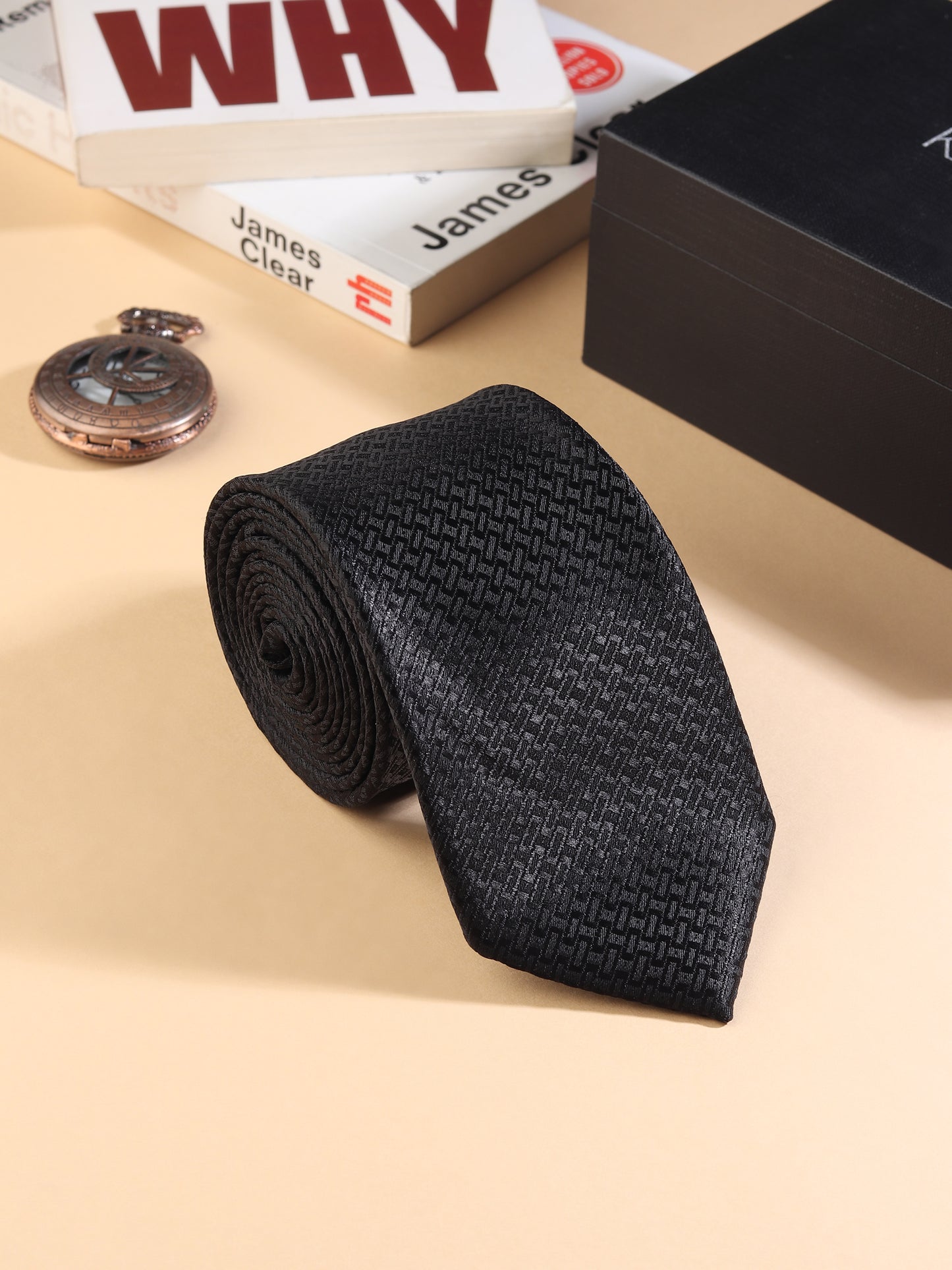 Kanthlangot Men’s Necktie – Black Herringbone Textured Tie