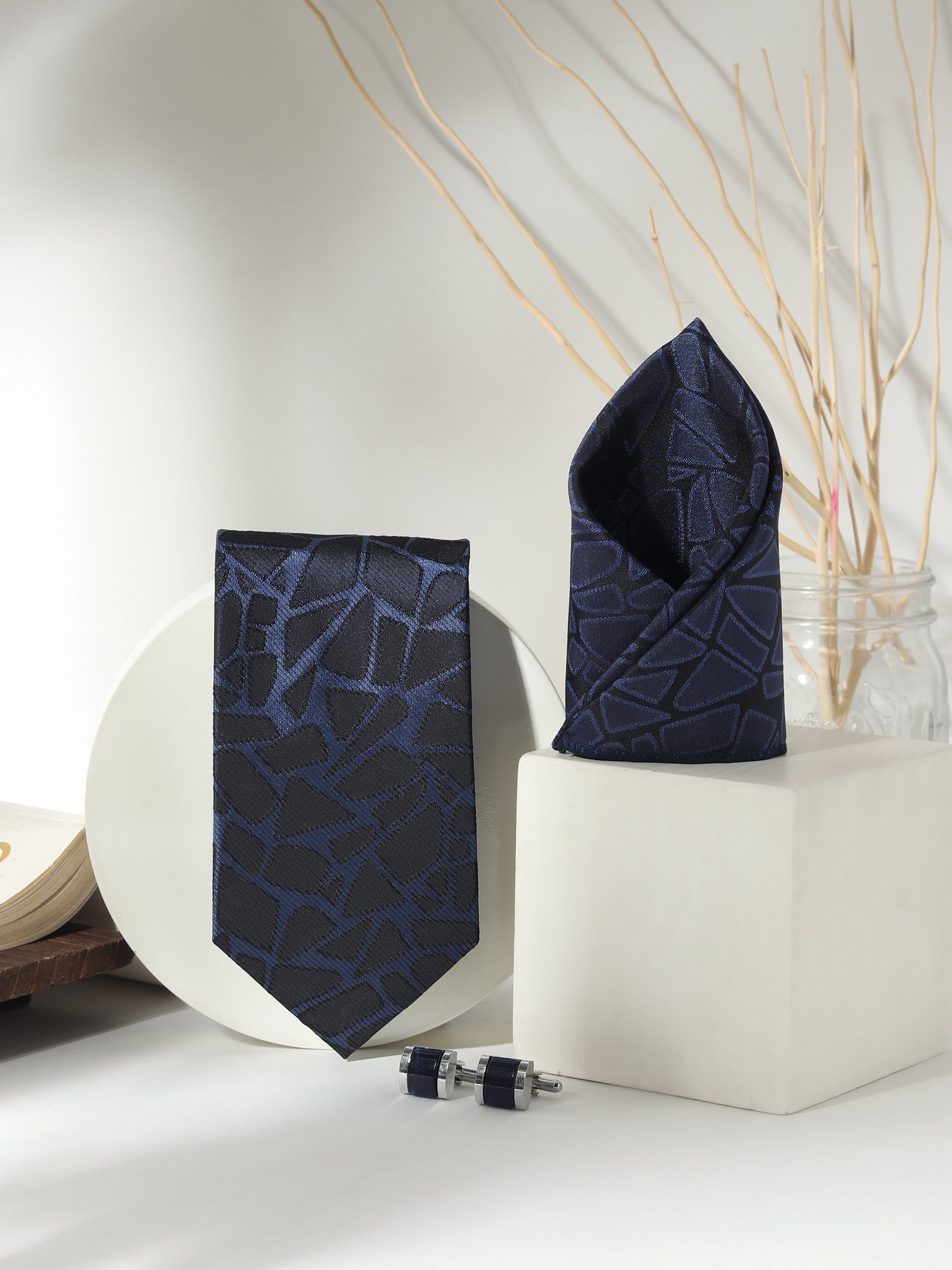 Kanthlangot Men’s 3-Piece Formal Set – Navy Abstract Pattern Tie, Pocket Square & Deep Navy Enamel Cufflinks (3-Inch Necktie)