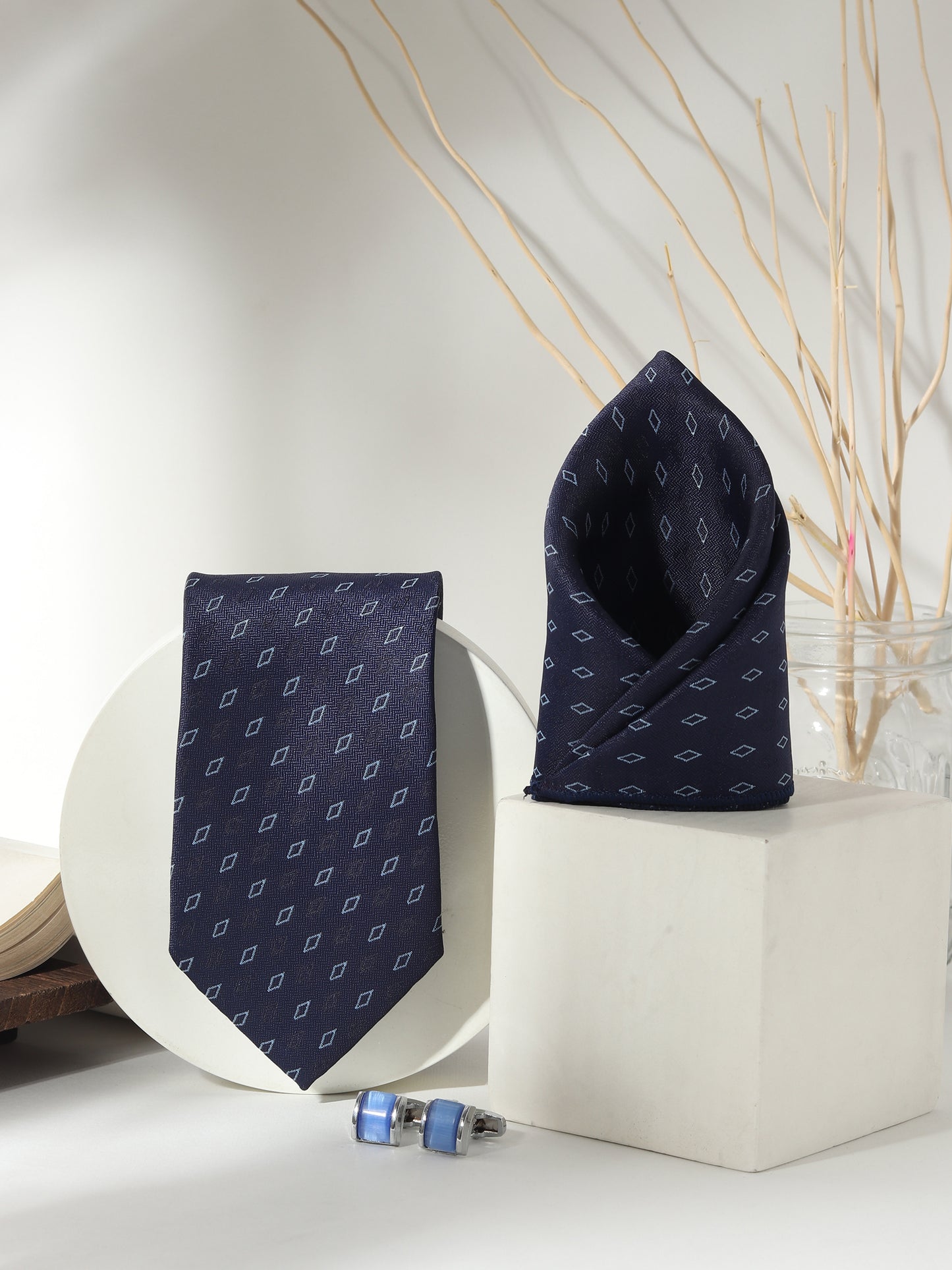 Kanthlangot Men’s 3-Piece Formal Set – Navy Micro-Diamond Tie, Pocket Square & Sky Blue Barrel Cufflinks (3-Inch Necktie)
