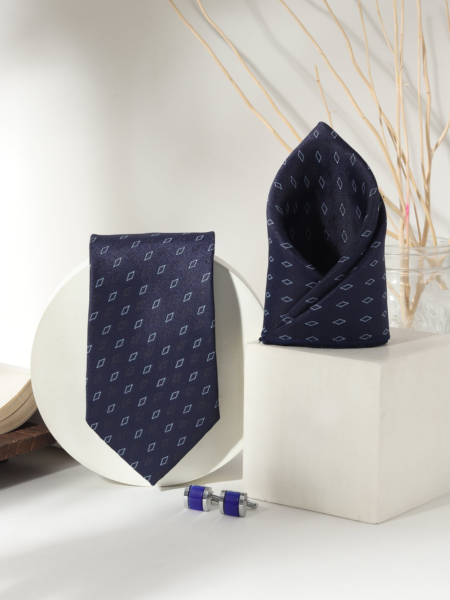 Kanthlangot Men’s 3-Piece Navy Micro-Diamond Tie Set with Pocket Square & Royal Blue Cufflinks (3-Inch Necktie)