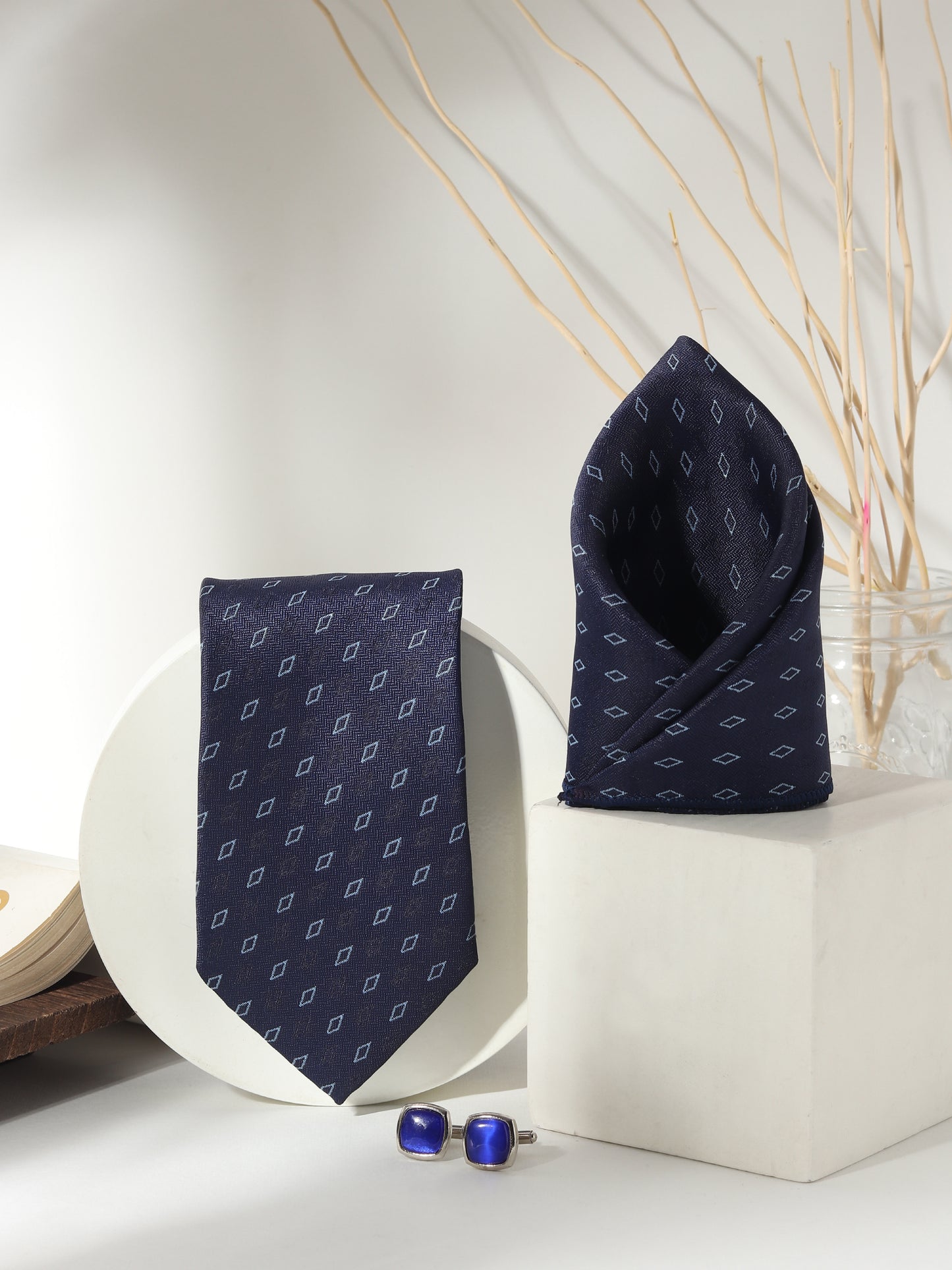 Kanthlangot Men’s 3-Piece Navy Diamond Tie Set with Pocket Square & Cobalt Blue Cufflinks (3-Inch Necktie)
