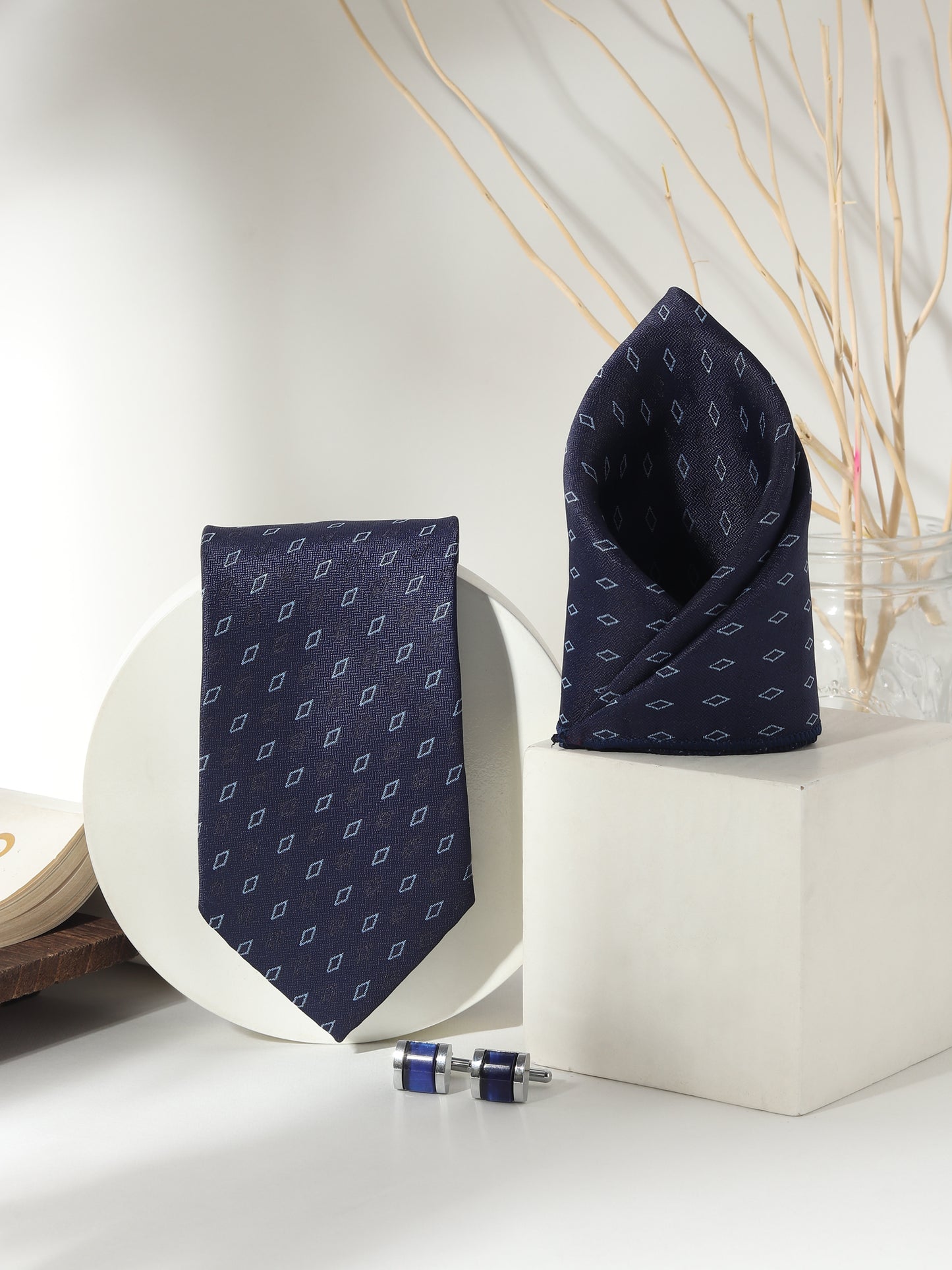 Kanthlangot Men’s 3-Piece Formal Set – Navy Micro-Diamond Tie, Pocket Square & Midnight Blue Barrel Cufflinks (3-Inch Necktie)
