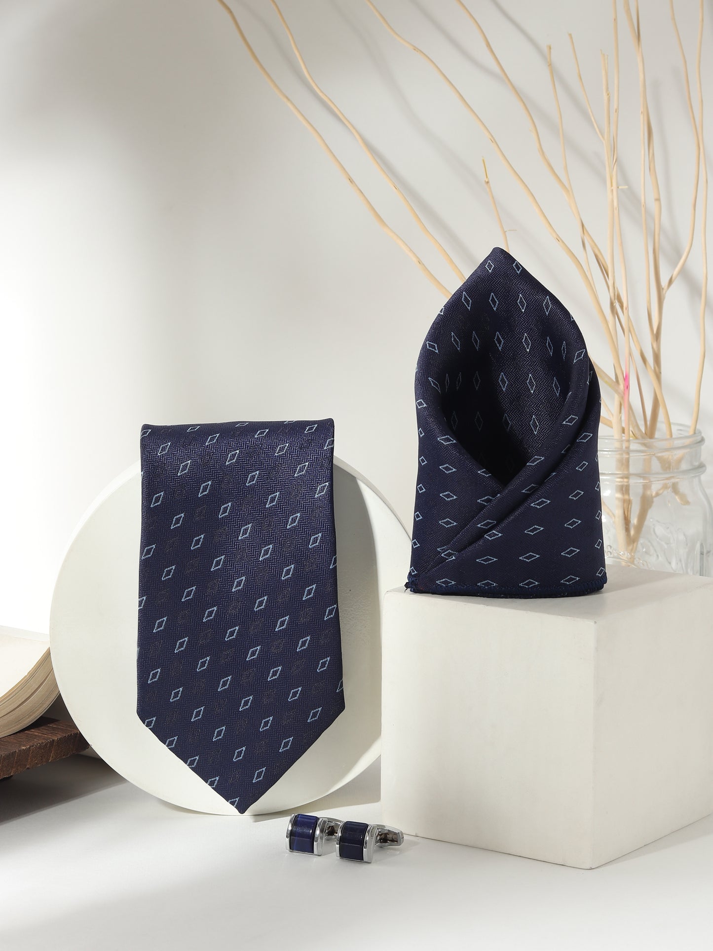 Kanthlangot Men’s 3-Piece Formal Set – Navy Diamond Tie, Pocket Square & Navy Barrel Cufflinks (3-Inch Necktie)