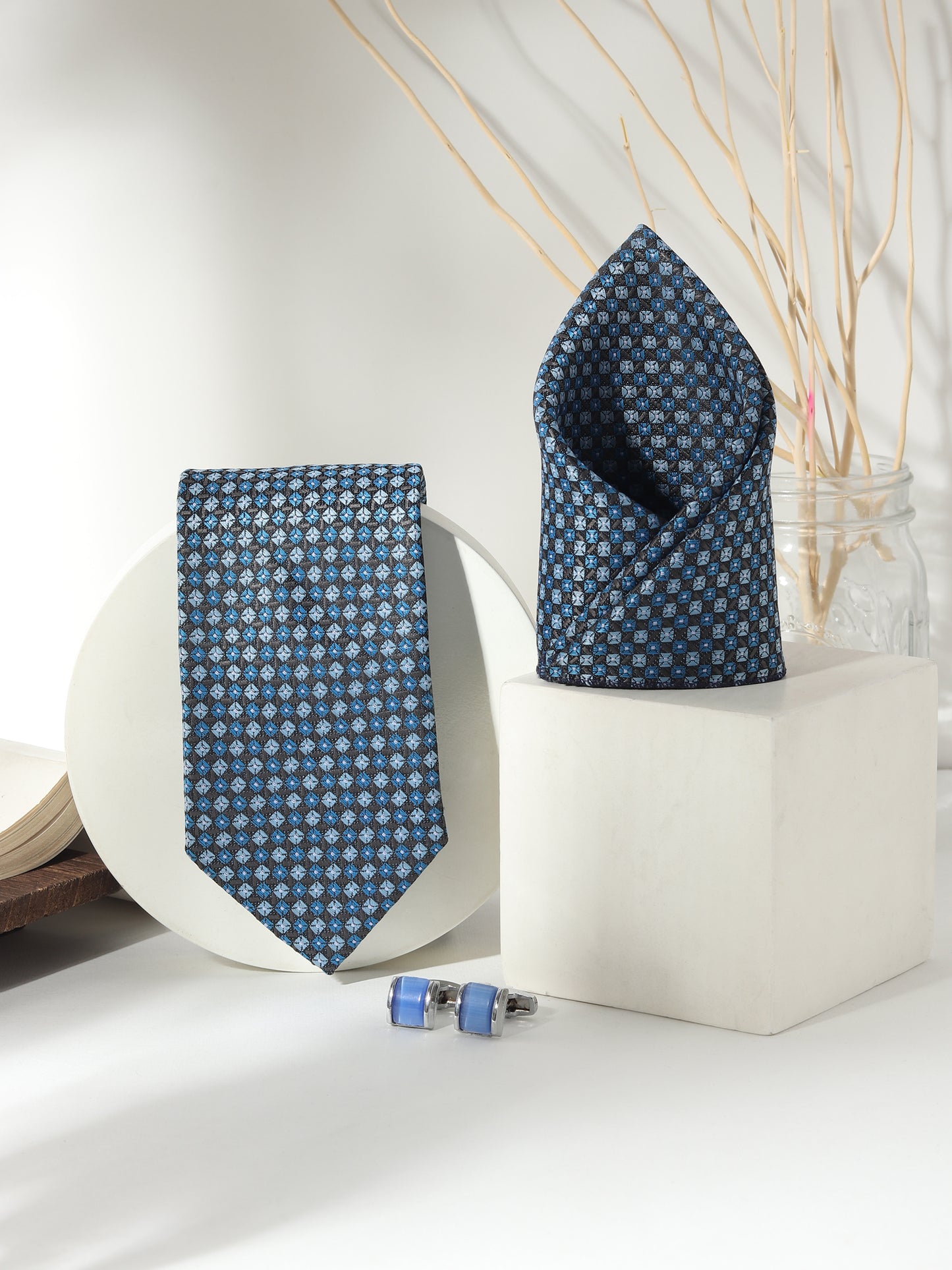 Kanthlangot Men’s 3-Piece Sky Blue Check Tie Set with Pocket Square & Gloss Blue Cufflinks (3-Inch Necktie)