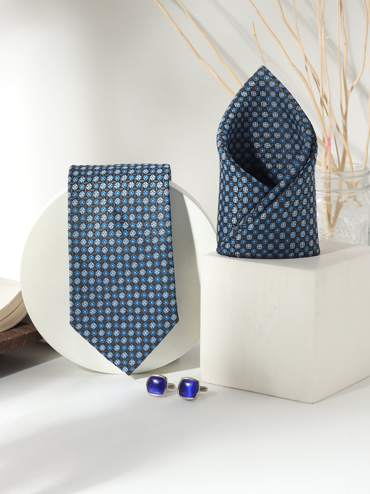 Kanthlangot Men’s 3-Piece Blue Grid Tie Set with Pocket Square & Royal Blue Cufflinks (3-Inch Necktie)