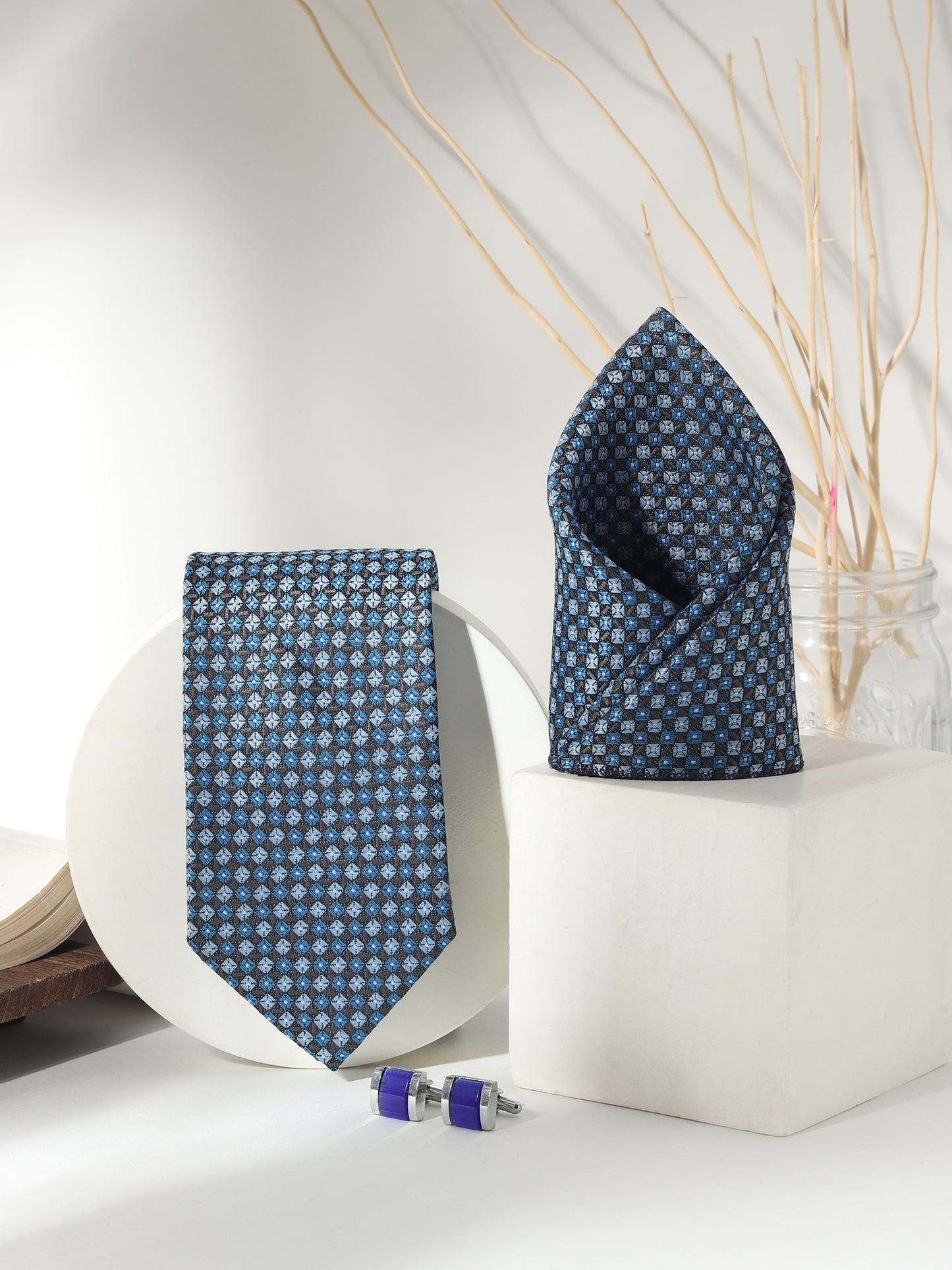 Kanthlangot Men’s 3-Piece Blue Micro Tile Tie Set with Pocket Square & Bold Violet Barrel Cufflinks (3-Inch Necktie)