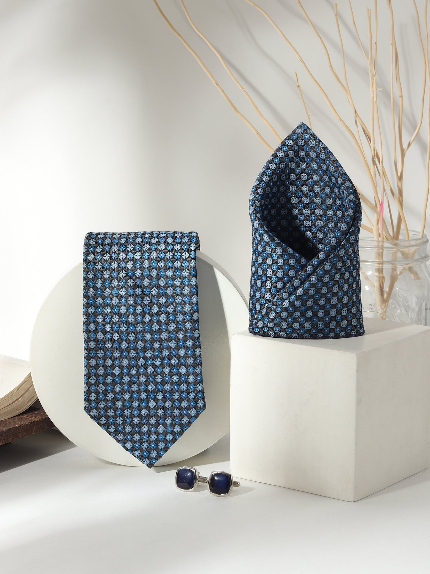 Kanthlangot Men’s 3-Piece Blue Micro-Check Tie Set with Pocket Square & Navy Square Cufflinks (3-Inch Necktie)