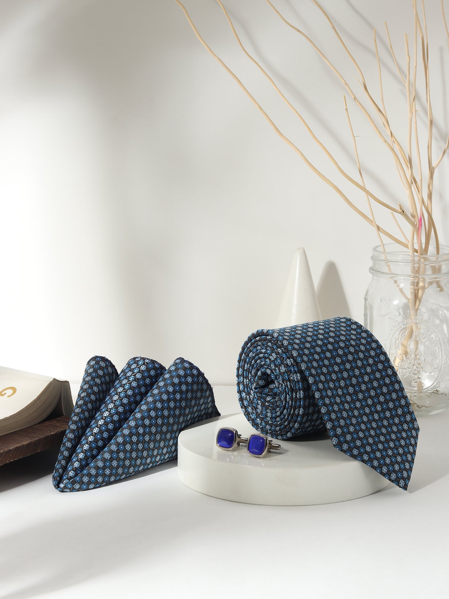Kanthlangot Men’s 3-Piece Blue Grid Tie Set with Pocket Square & Royal Blue Cufflinks (3-Inch Necktie)