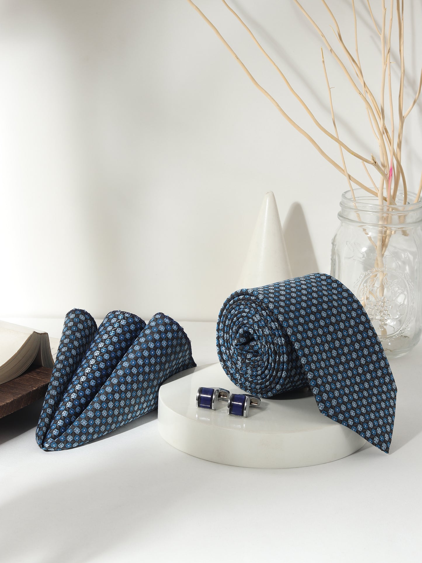 Kanthlangot Men’s 3-Piece Blue Micro-Check Tie Set with Pocket Square & Navy Curved Cufflinks (3-Inch Necktie)