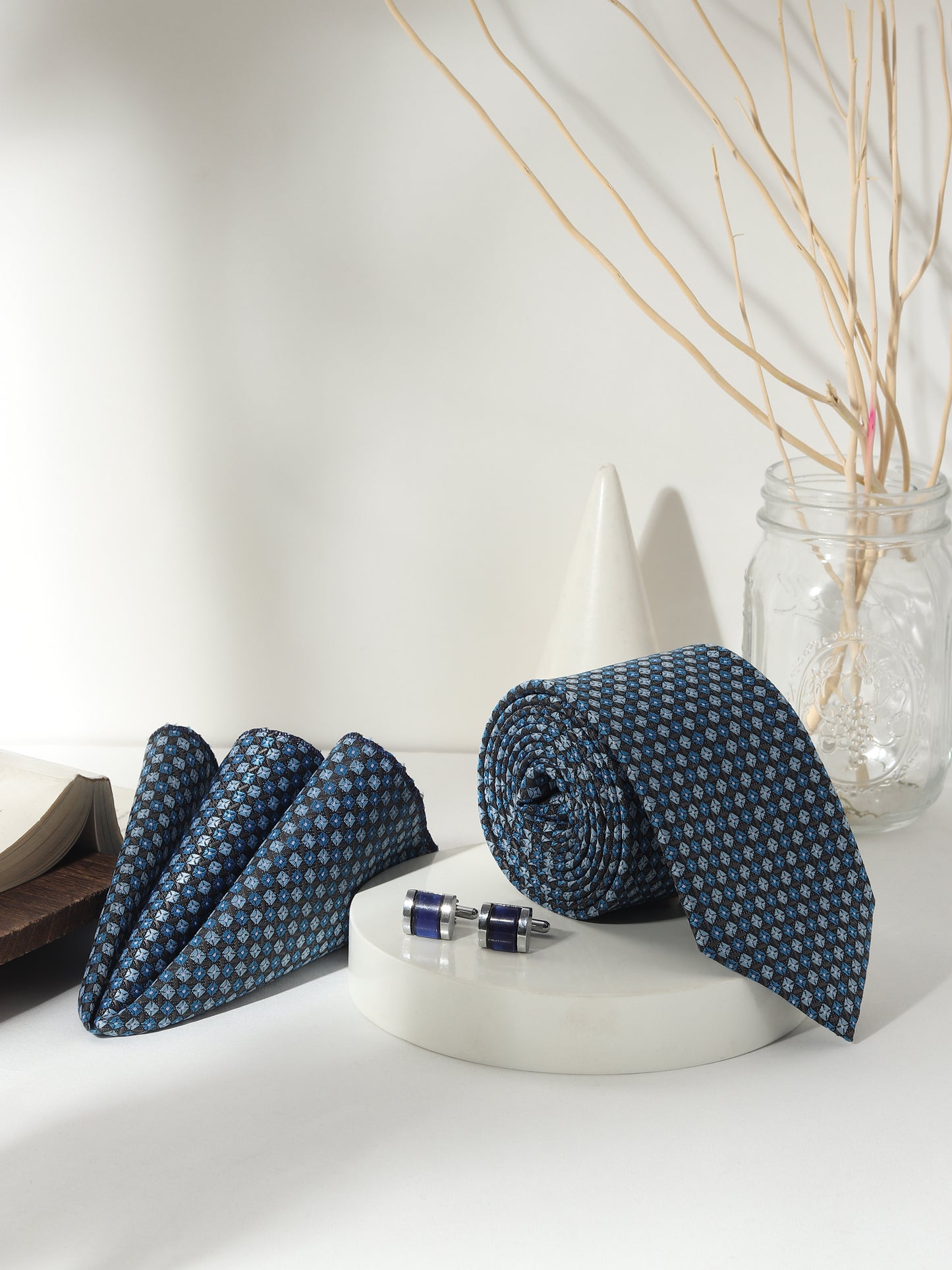 Kanthlangot Men’s 3-Piece Blue Mosaic Tie Set with Pocket Square & Deep Navy Cufflinks (3-Inch Necktie)