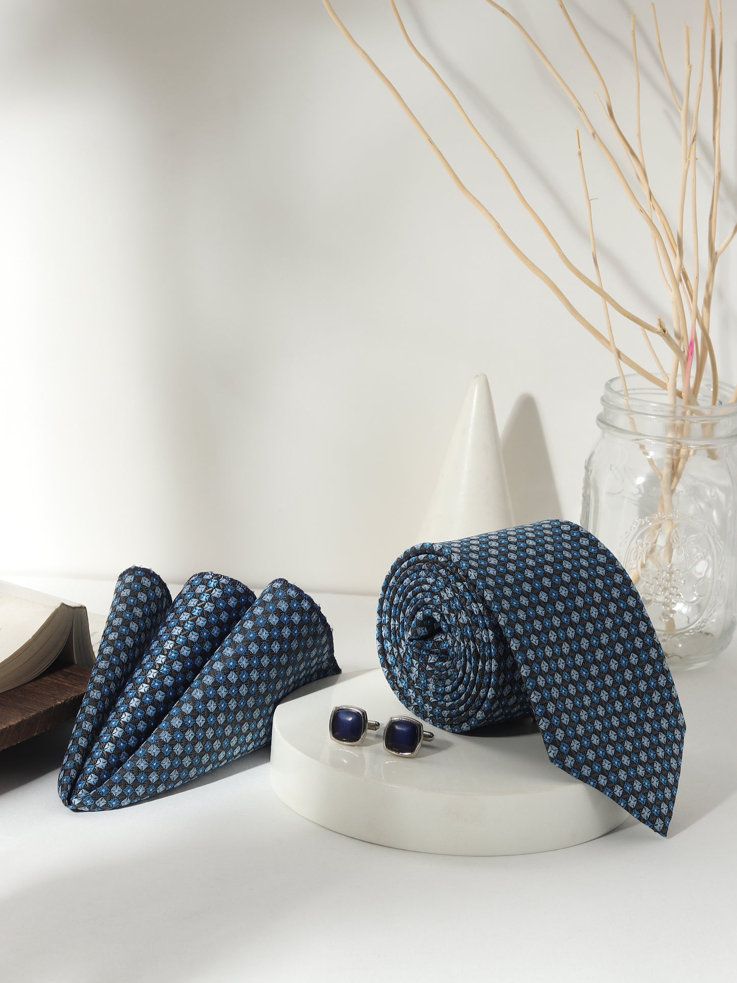 Kanthlangot Men’s 3-Piece Blue Micro-Check Tie Set with Pocket Square & Navy Square Cufflinks (3-Inch Necktie)