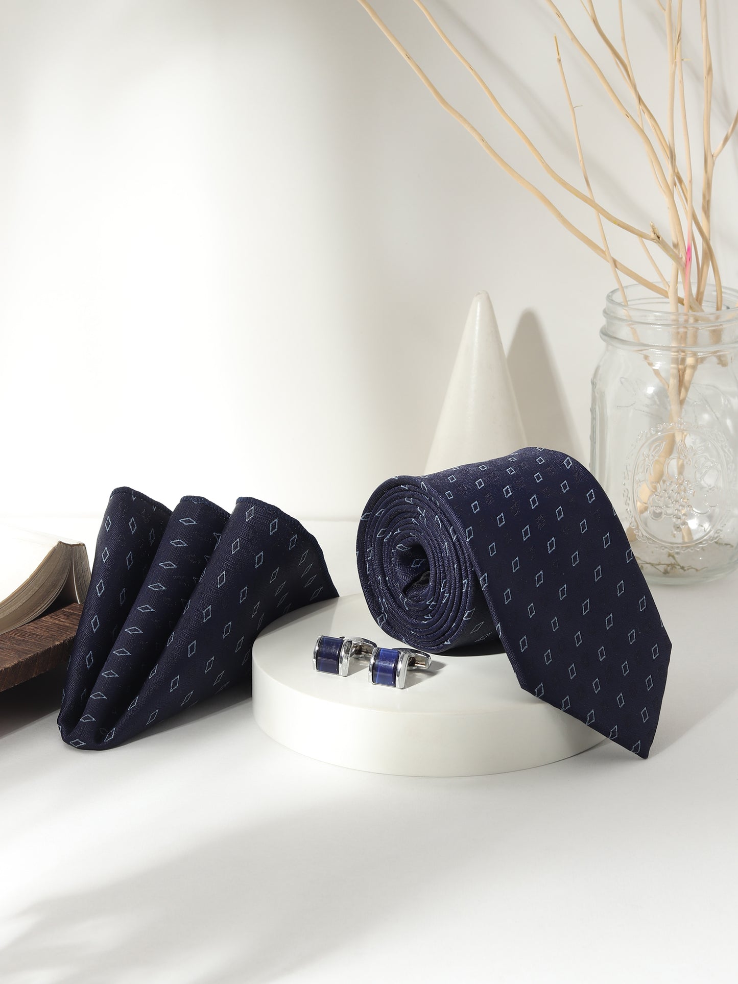 Kanthlangot Men’s 3-Piece Formal Set – Navy Diamond Tie, Pocket Square & Navy Barrel Cufflinks (3-Inch Necktie)