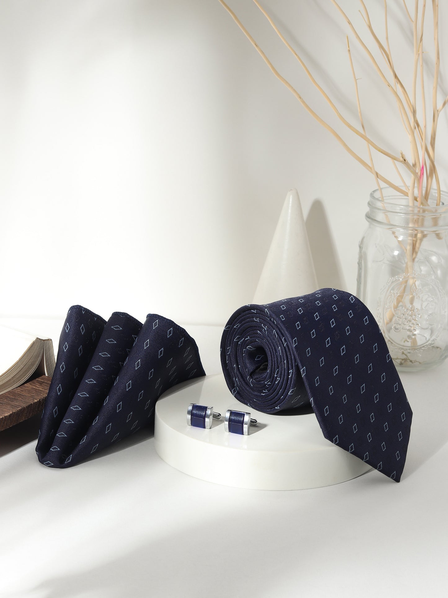 Kanthlangot Men’s 3-Piece Formal Set – Navy Micro-Diamond Tie, Pocket Square & Midnight Blue Barrel Cufflinks (3-Inch Necktie)