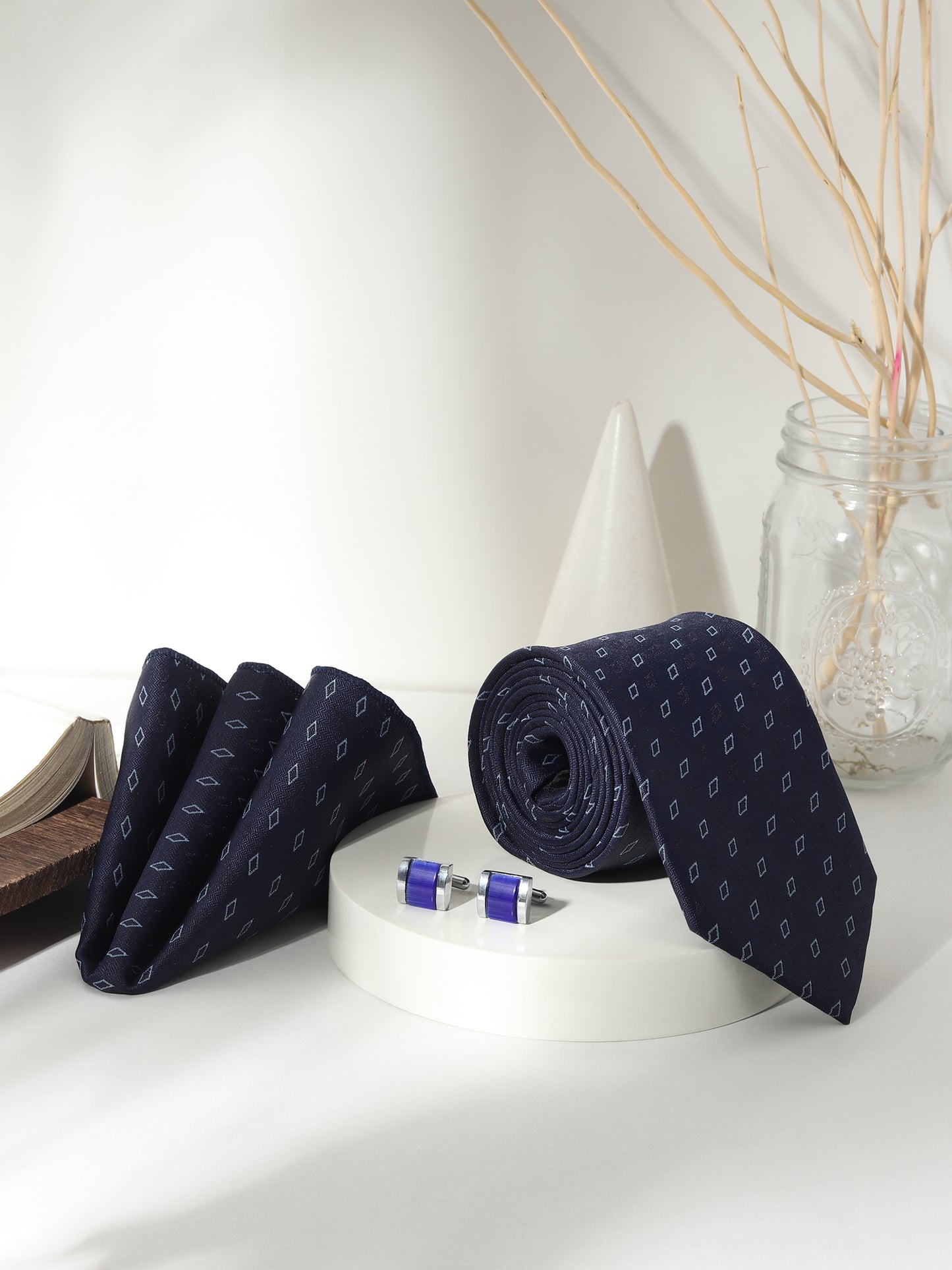 Kanthlangot Men’s 3-Piece Navy Micro-Diamond Tie Set with Pocket Square & Royal Blue Cufflinks (3-Inch Necktie)