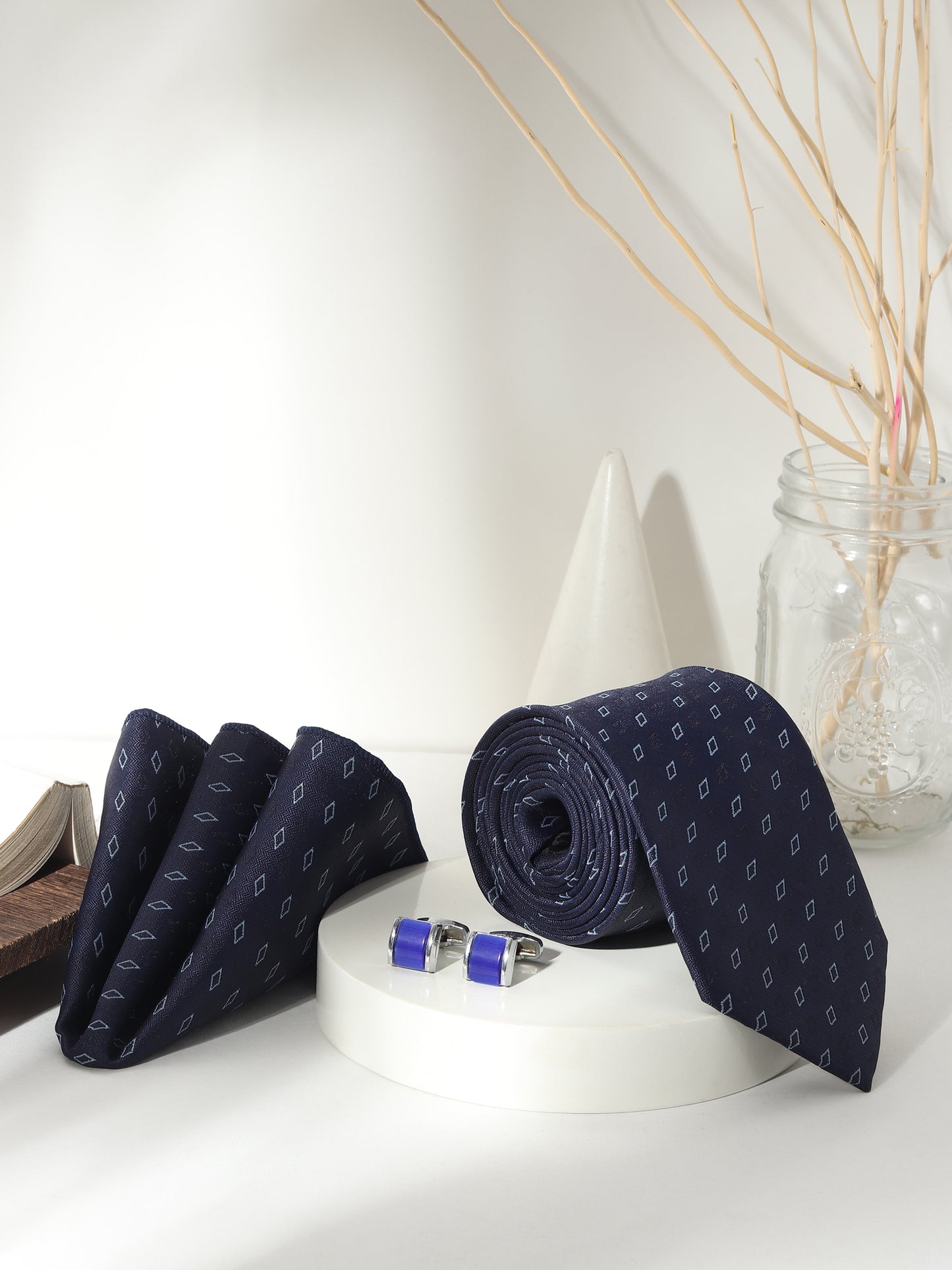 Kanthlangot Men’s 3-Piece Formal Set – Navy Diamond Tie, Pocket Square & Electric Blue Barrel Cufflinks (3-Inch Necktie)