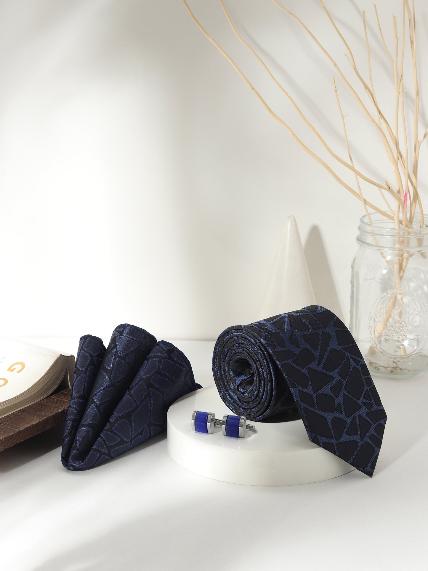 Kanthlangot Men’s 3-Piece Formal Set – Navy Abstract Tie, Pocket Square & Cobalt Blue Barrel Cufflinks (3-Inch Necktie)