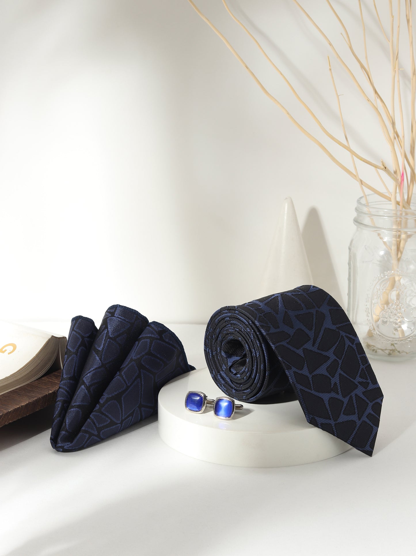 Kanthlangot Men’s 3-Piece Formal Set – Navy Abstract Tie, Pocket Square & Cobalt Blue Cufflinks (3-Inch Necktie)