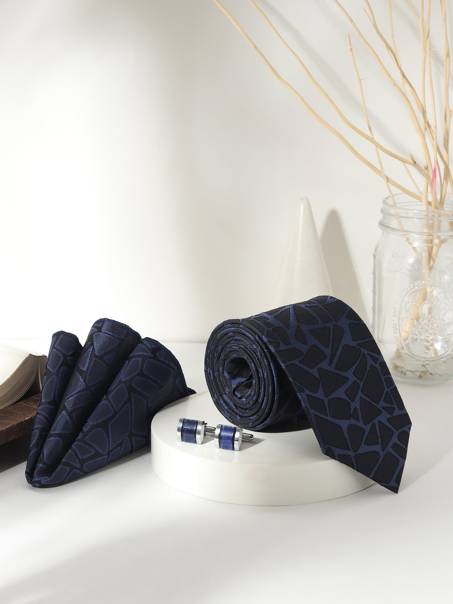 Kanthlangot Men’s 3-Piece Formal Set – Navy Abstract Pattern Tie, Pocket Square & Deep Navy Enamel Cufflinks (3-Inch Necktie)