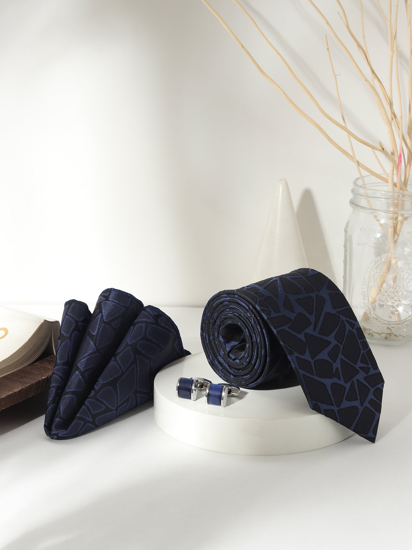 Kanthlangot Men’s 3-Piece Formal Set – Navy Abstract Tie, Pocket Square & Rounded Royal Navy Enamel Cufflinks (3-Inch Necktie)