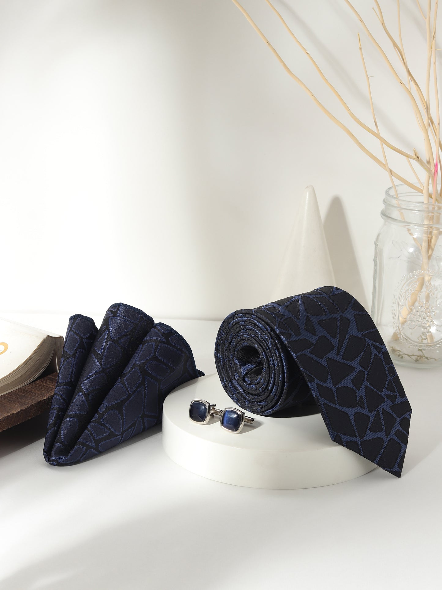 Kanthlangot Men’s 3-Piece Formal Set – Navy Abstract Tie, Pocket Square & Deep Navy Enamel Cufflinks (3-Inch Necktie)
