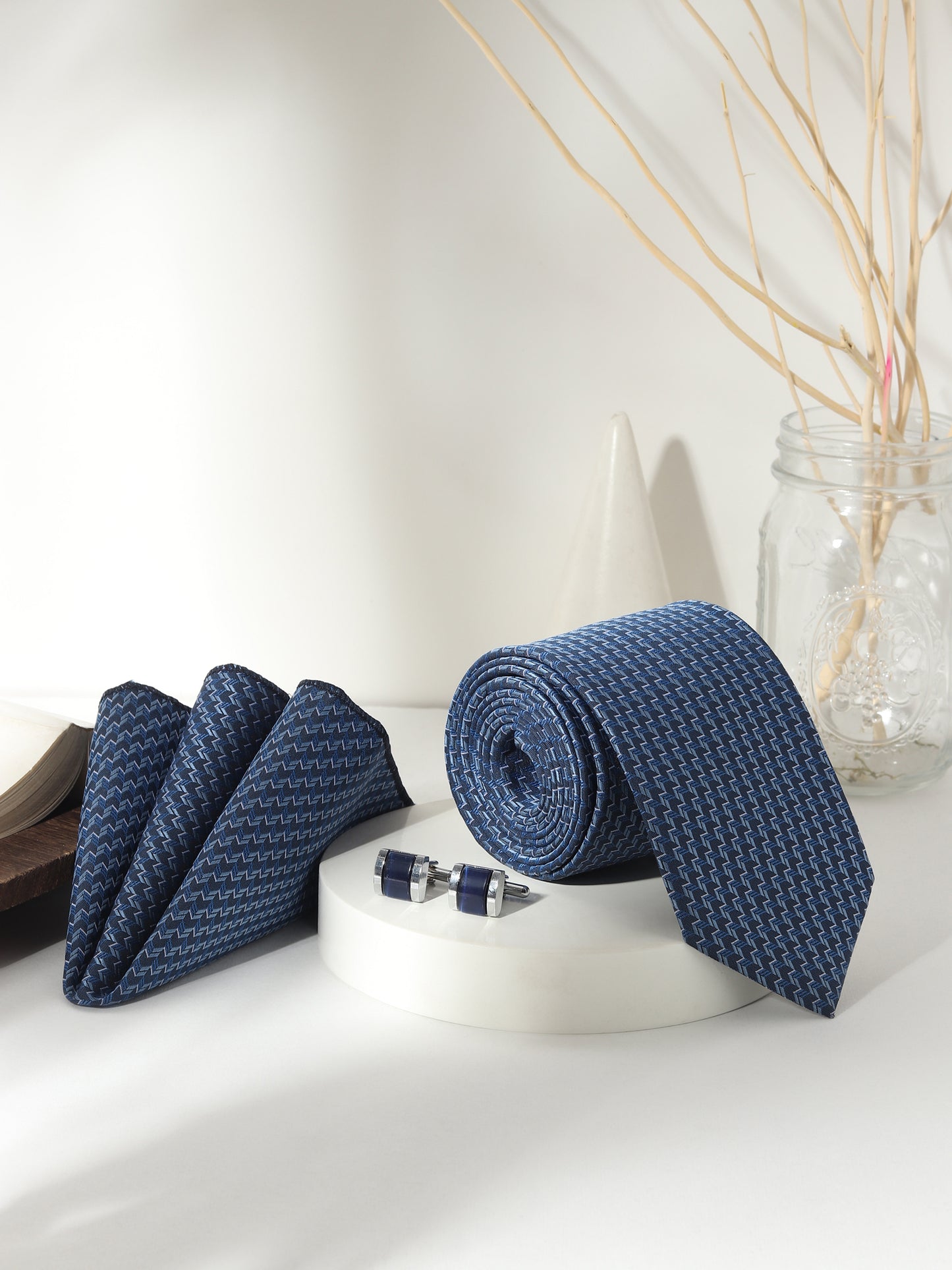 Kanthlangot Men’s 3-Piece Navy Zigzag Tie Set with Pocket Square & Dark Navy Barrel Cufflinks (3-Inch Necktie)