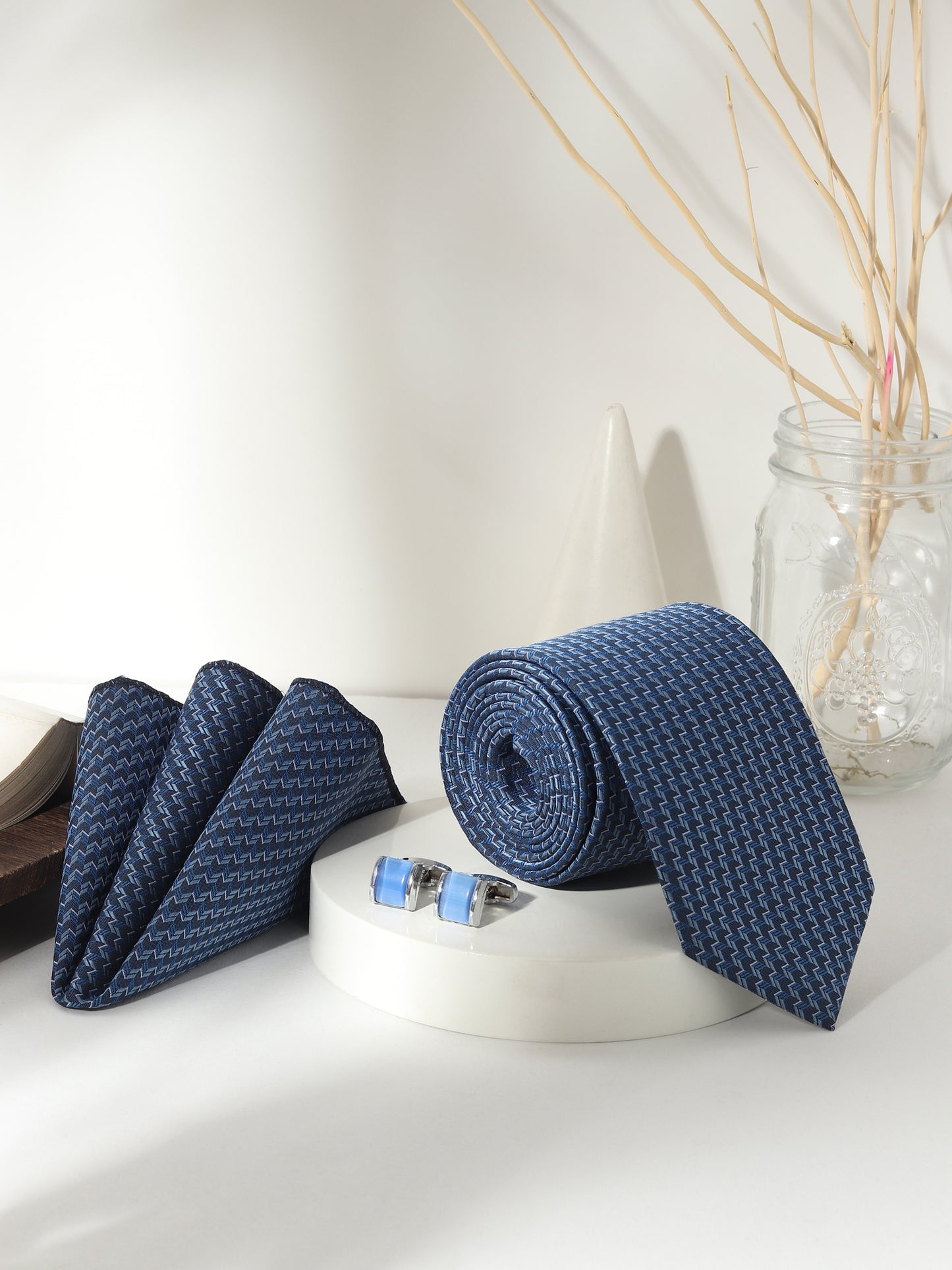 Kanthlangot Men’s 3-Piece Blue Zigzag Tie Set with Pocket Square & Sky Cufflinks (3-Inch Necktie)
