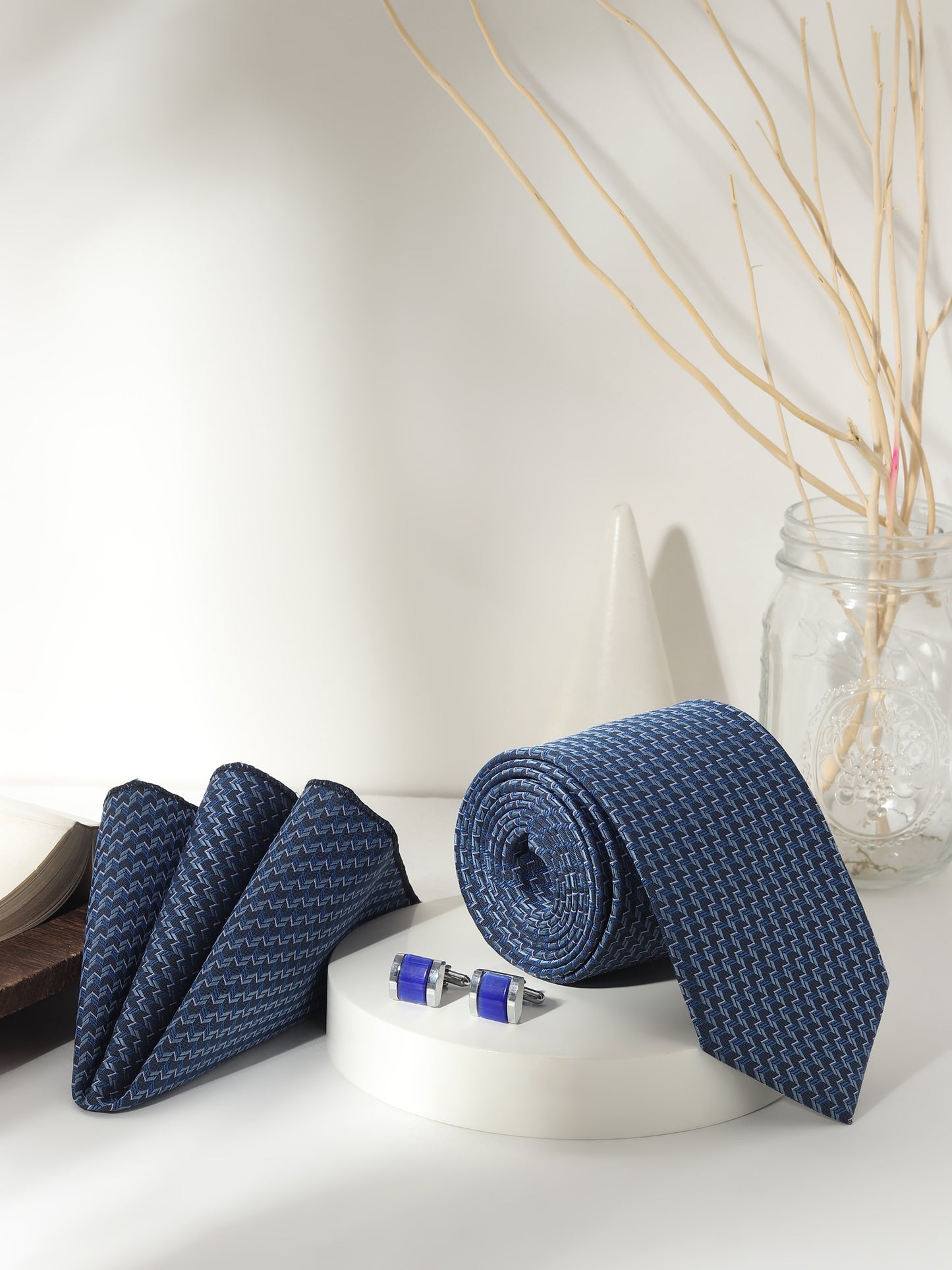 Kanthlangot Men’s 3-Piece Navy Zigzag Tie Set with Pocket Square & Royal Blue Cufflinks (3-Inch Necktie)