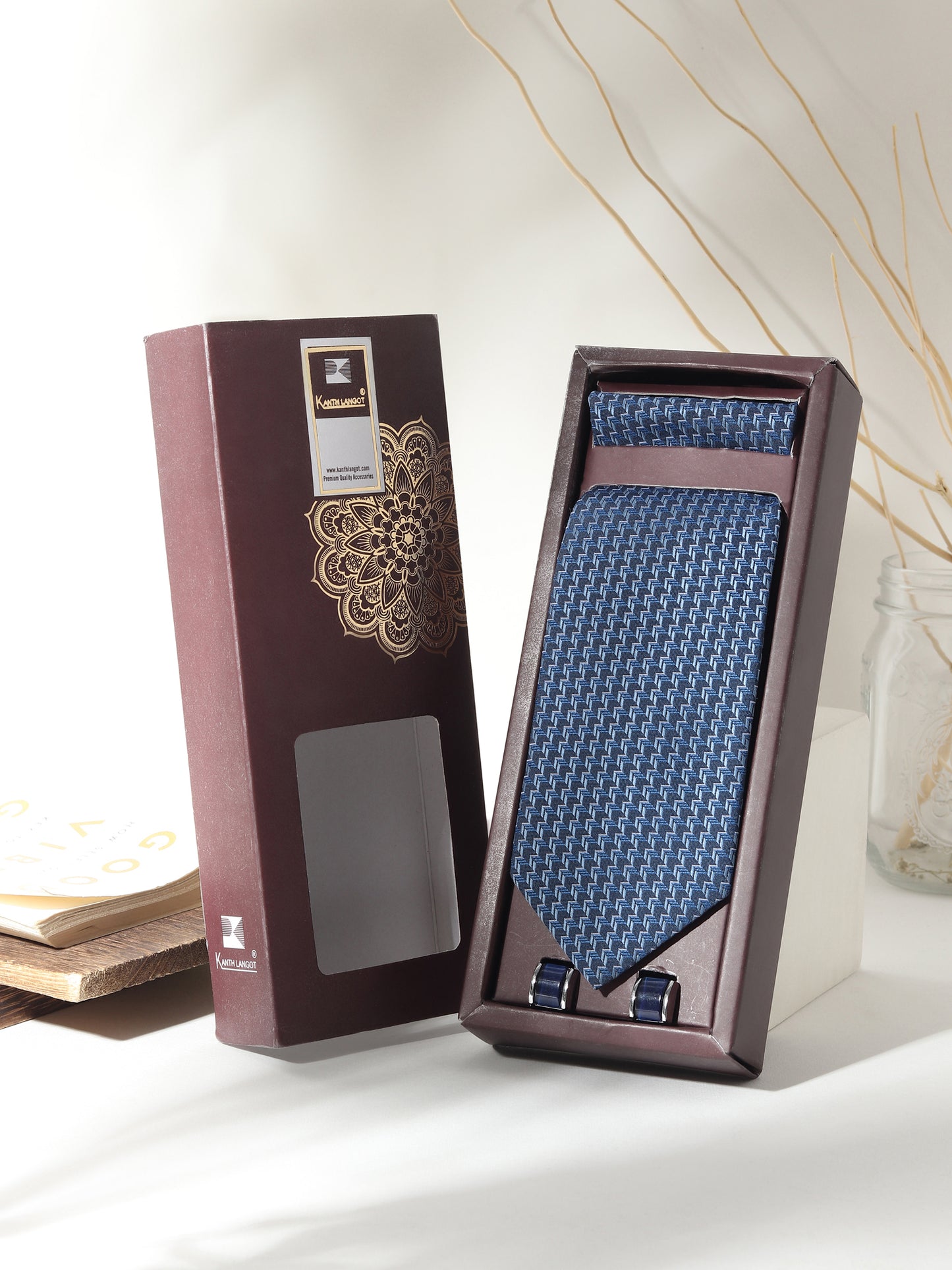 Kanthlangot Men’s 3-Piece Royal Blue Zigzag Tie Set with Pocket Square & Glossy Navy Barrel Cufflinks (3-Inch Necktie)