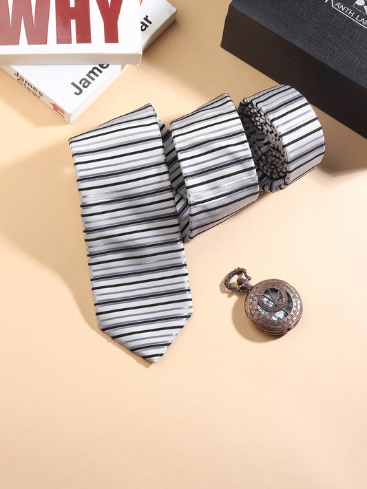 Kanthlangot Men’s Necktie – White with Black & Grey Stripes