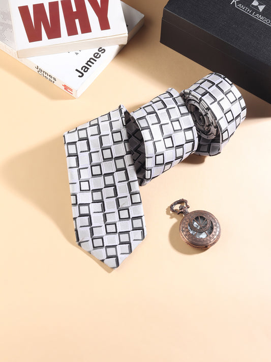 Kanthlangot Men’s Necktie – White & Black Geometric Pattern Tie