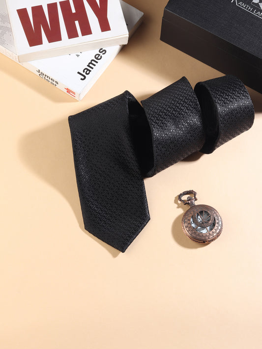 Kanthlangot Men’s Necktie – Black Herringbone Textured Tie
