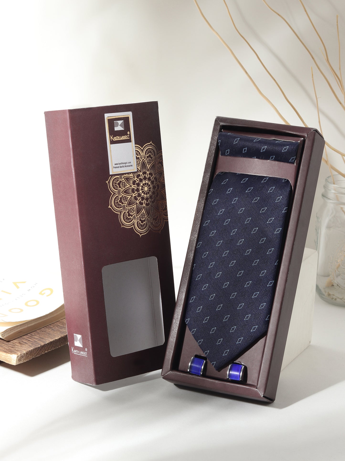 Kanthlangot Men’s 3-Piece Formal Set – Navy Diamond Tie, Pocket Square & Electric Blue Barrel Cufflinks (3-Inch Necktie)