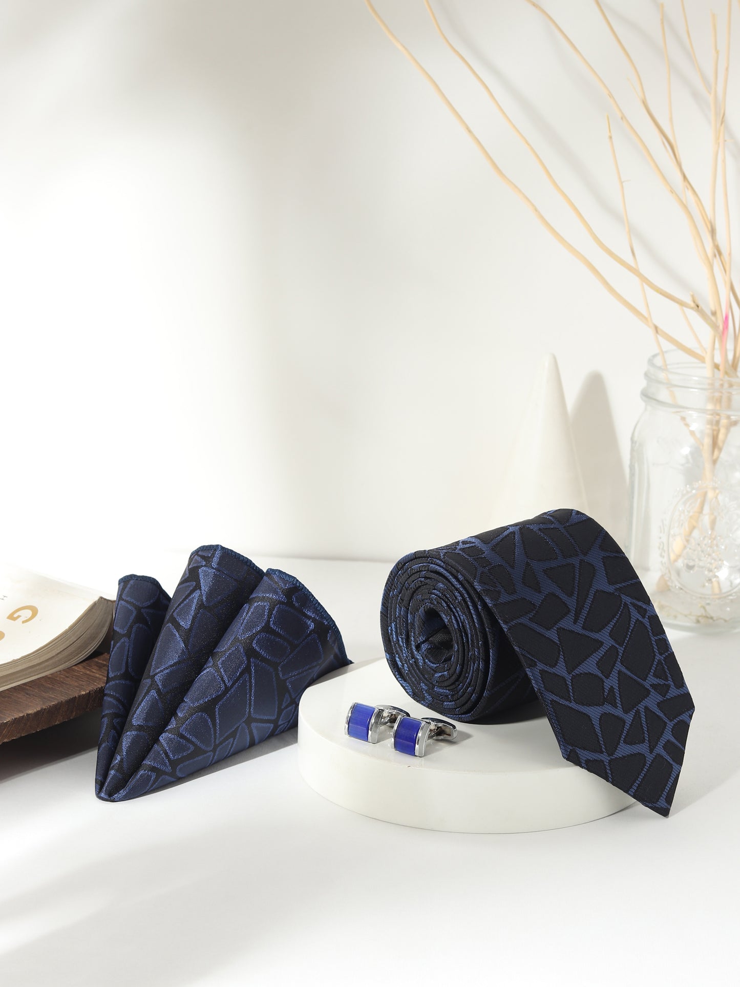 Kanthlangot Men’s 3-Piece Formal Set – Navy Abstract Tie, Pocket Square & Royal Blue Cufflinks (3-Inch Necktie)