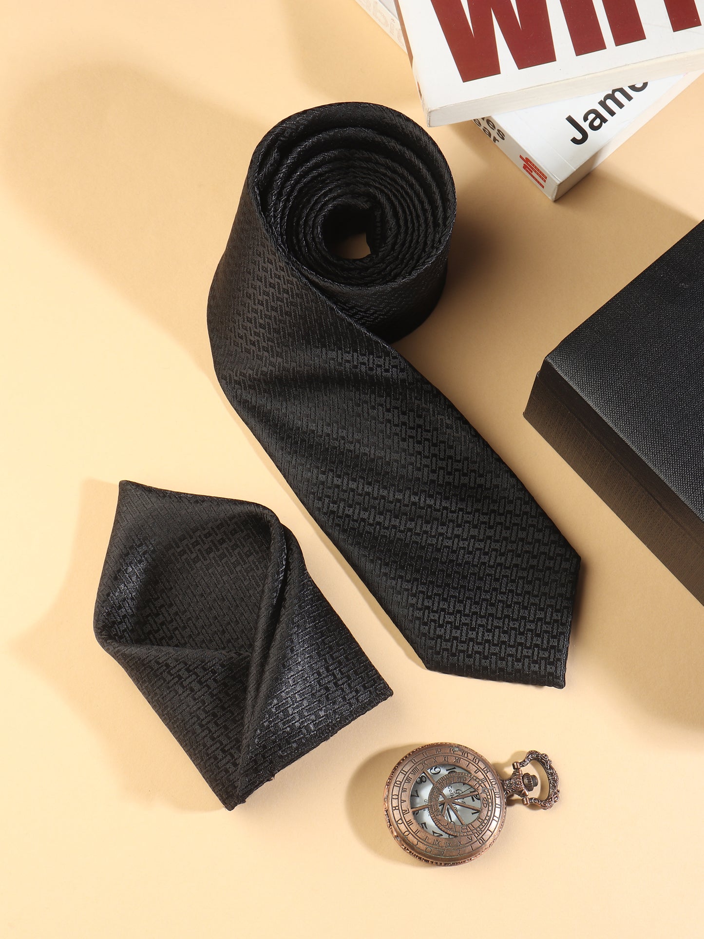 Kanthlangot Black Textured Necktie & Pocket Square Set