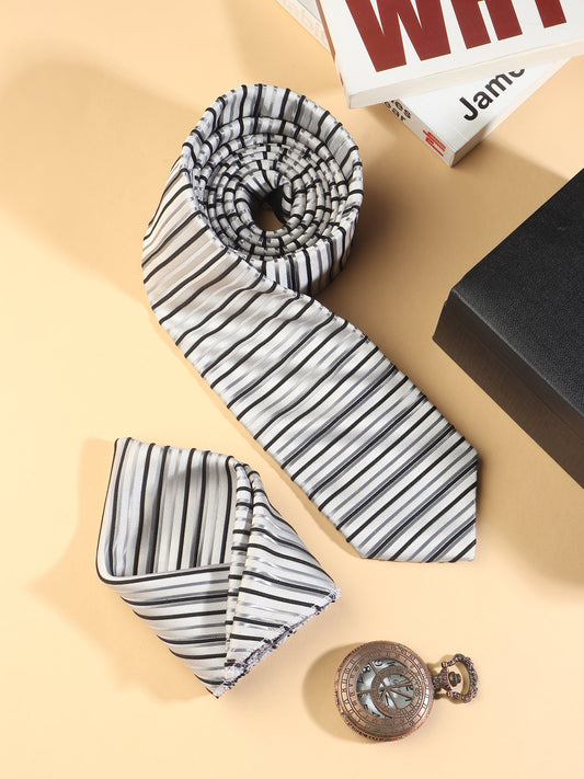 Kanthlangot White Silver Stripe Necktie & Pocket Square Set