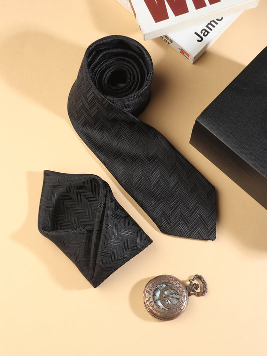 Kanthlangot Black Herringbone Necktie & Pocket Square Set