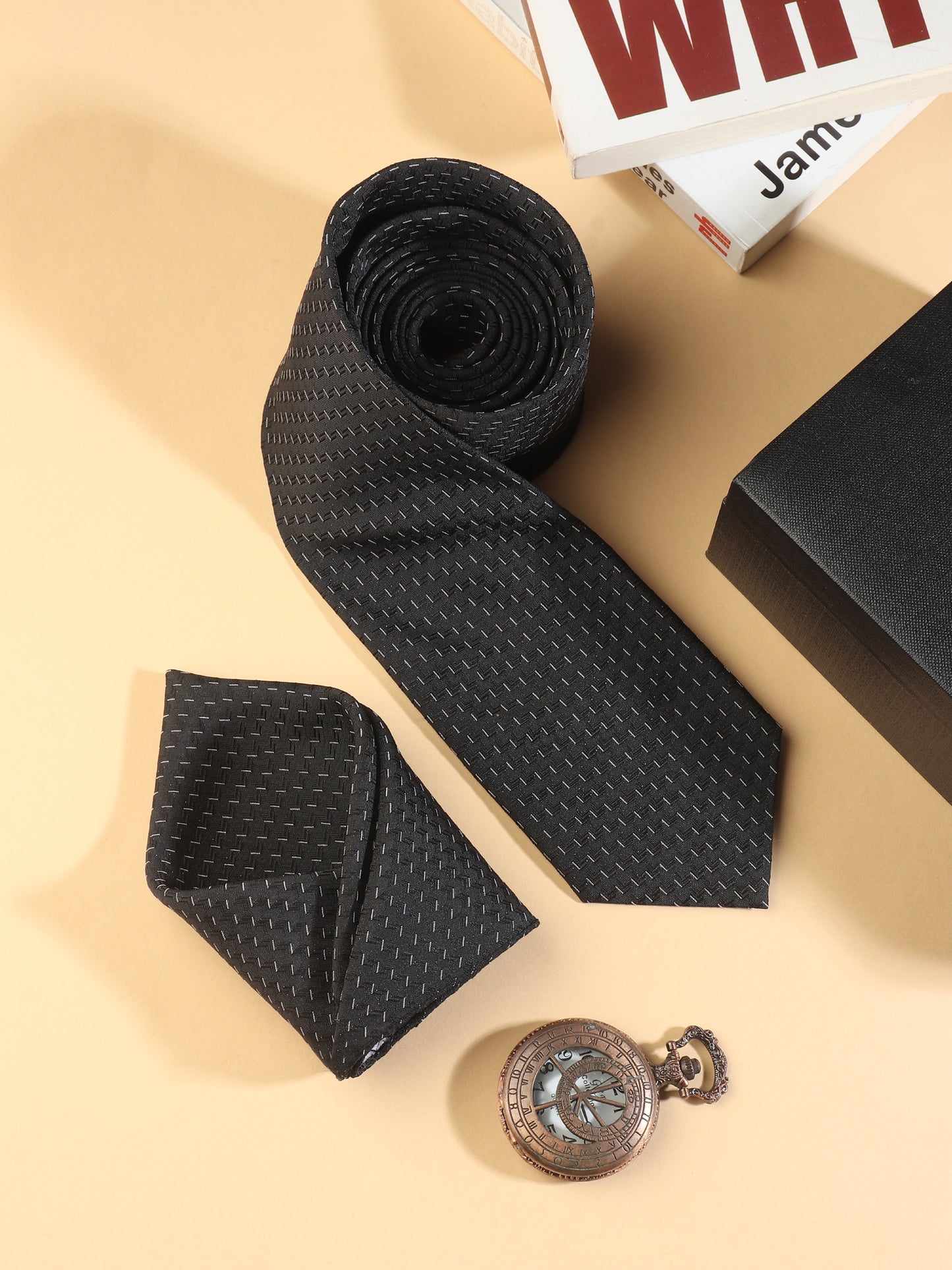 Kanthlangot Black Micro Dash Necktie & Pocket Square Set