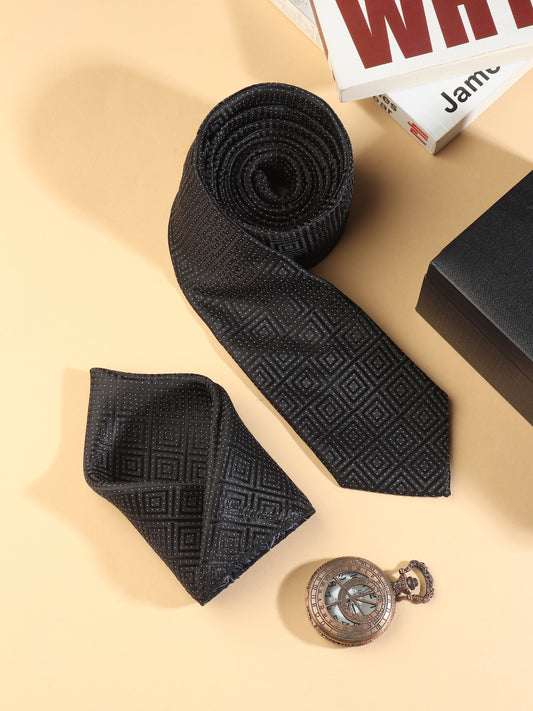 Kanthlangot Black Geometric Necktie & Pocket Square Set