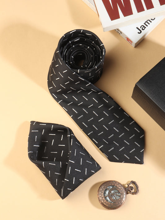 Kanthlangot Black Dash Pattern Necktie & Pocket Square Set