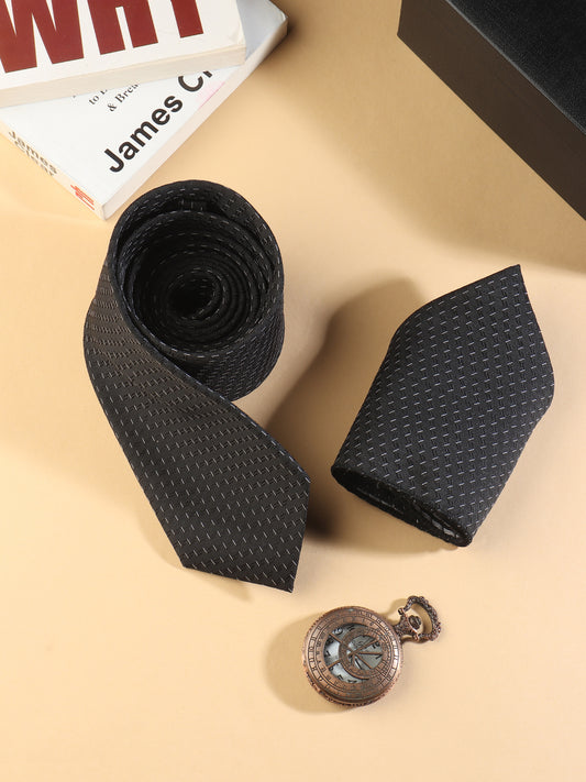 Kanthlangot Black Micro Dash Necktie & Pocket Square Set