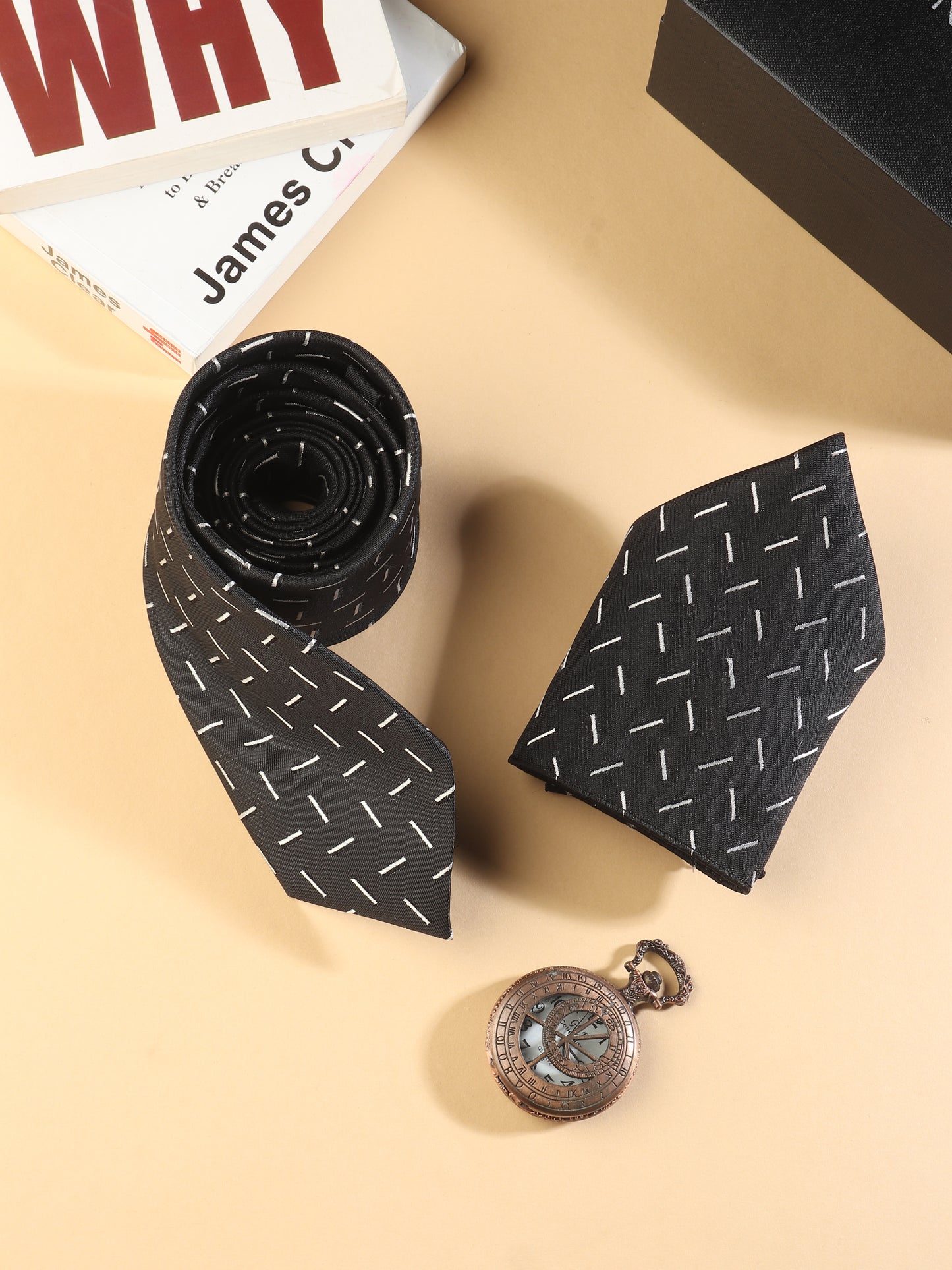 Kanthlangot Black Dash Pattern Necktie & Pocket Square Set