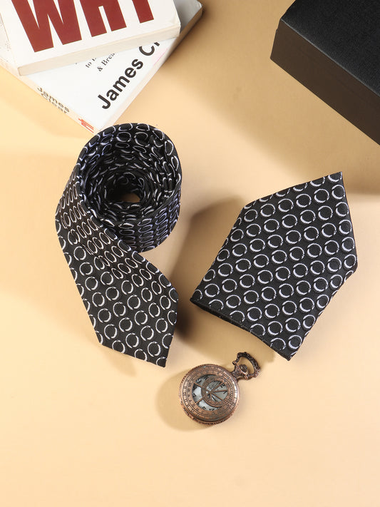 Kanthlangot Black Pattern Necktie & Pocket Square Set